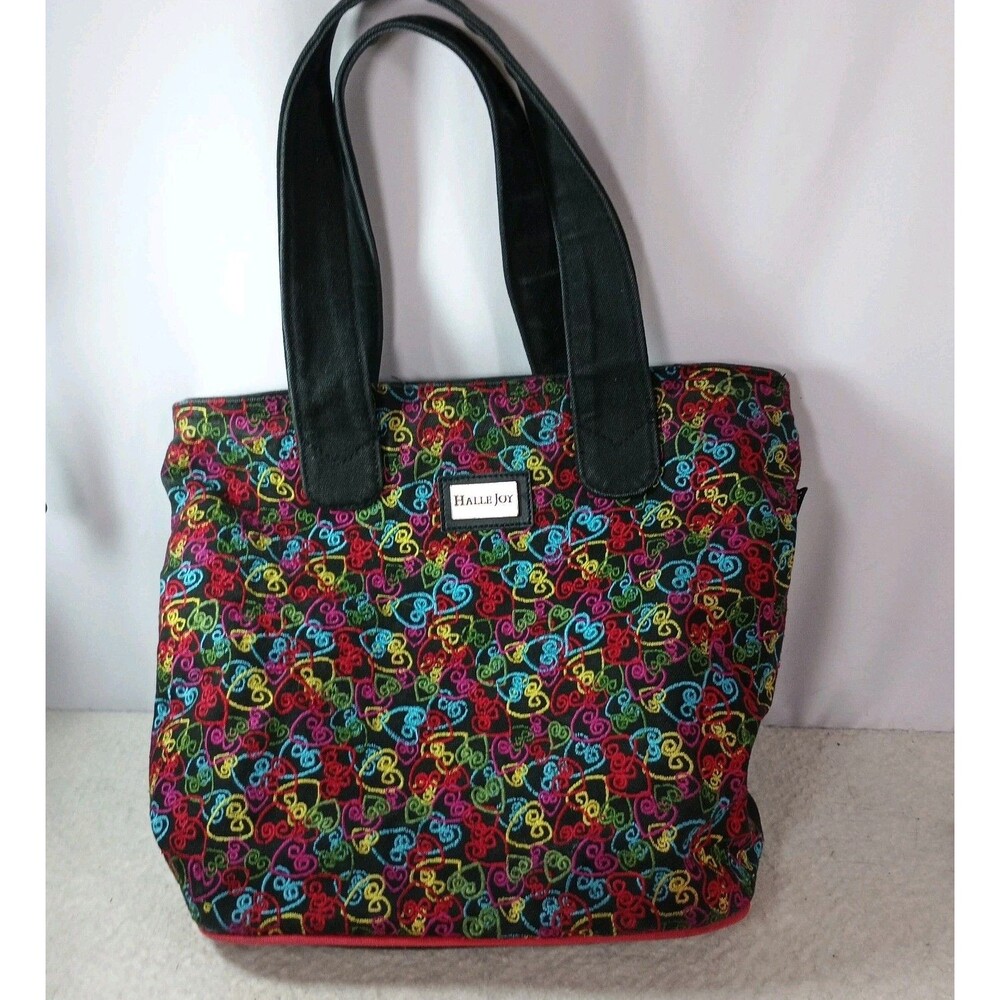 Halle Joy Embroidered Tote Bag Colorful Embroidered Hearts Black Cotton Handbag